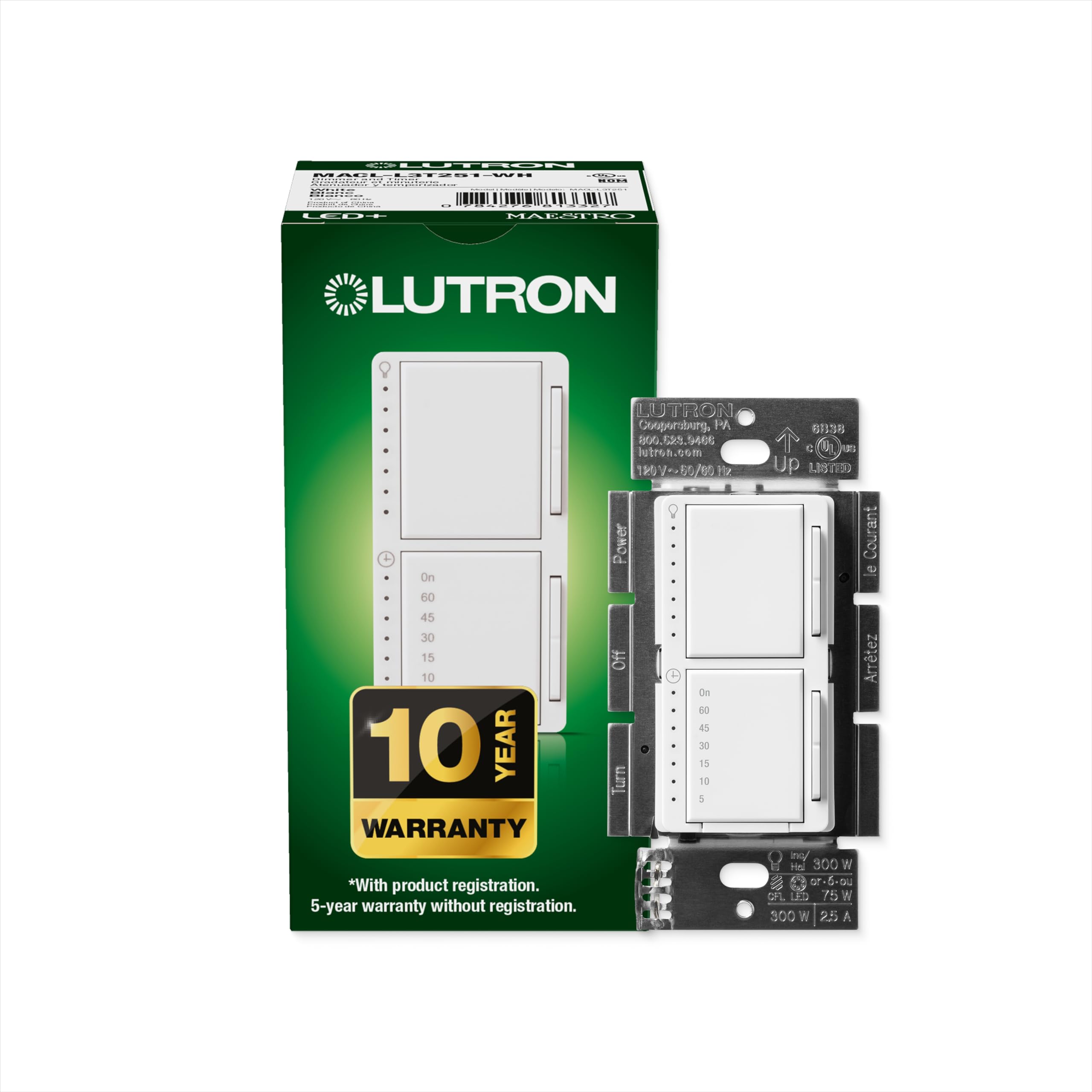 Lutron Maestro LED+ Dual Dimmer and Timer Switch | 75-Watt LED